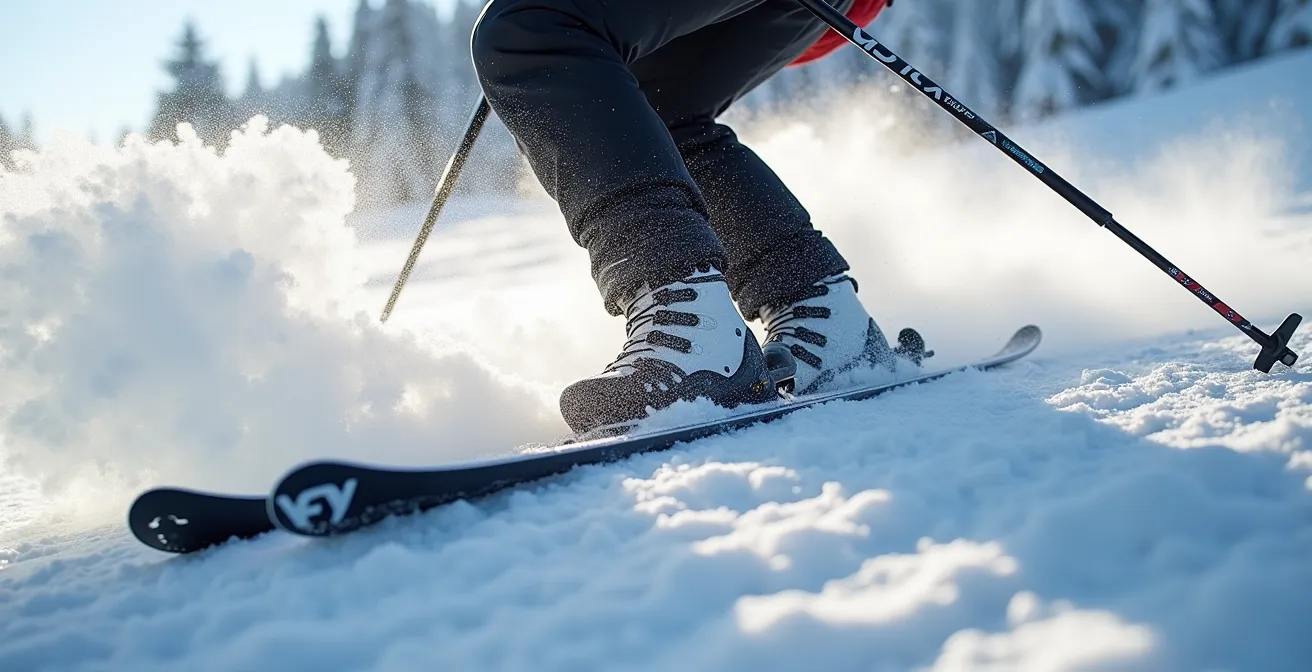 Close-up of skier's legs showing compression and extension phases in deep powder