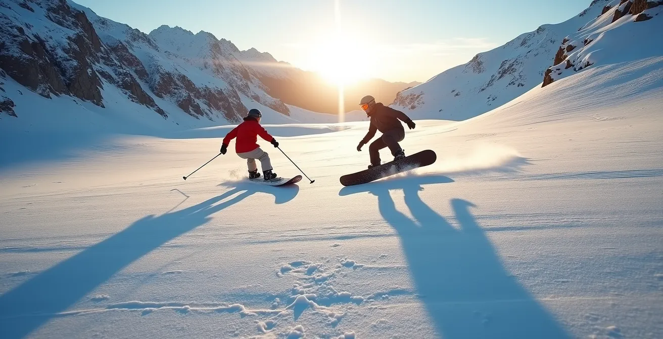 Split scene showing a skier in a wedge position and a snowboarder in a sideways stance on a gentle slope.