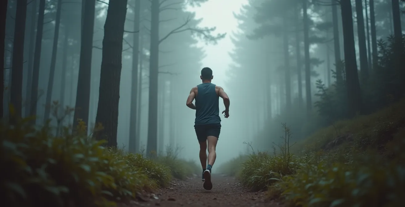 Solitary runner on misty forest trail capturing movement meditation