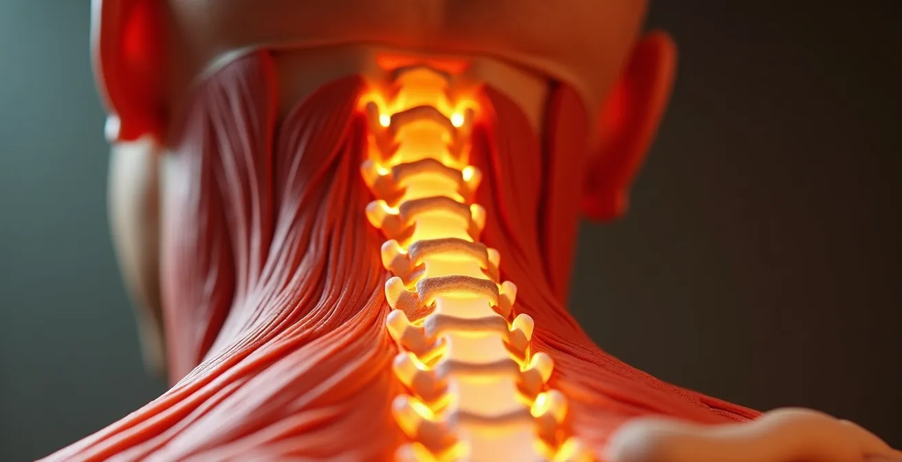 Extreme close-up detail of neck and upper spine alignment during posture correction