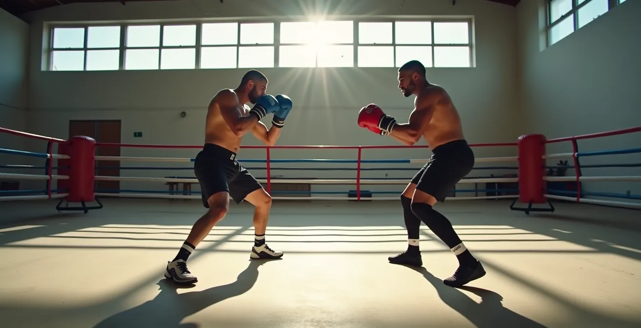 Wide angle view of two fighters engaged in controlled technical sparring in a minimalist training environment