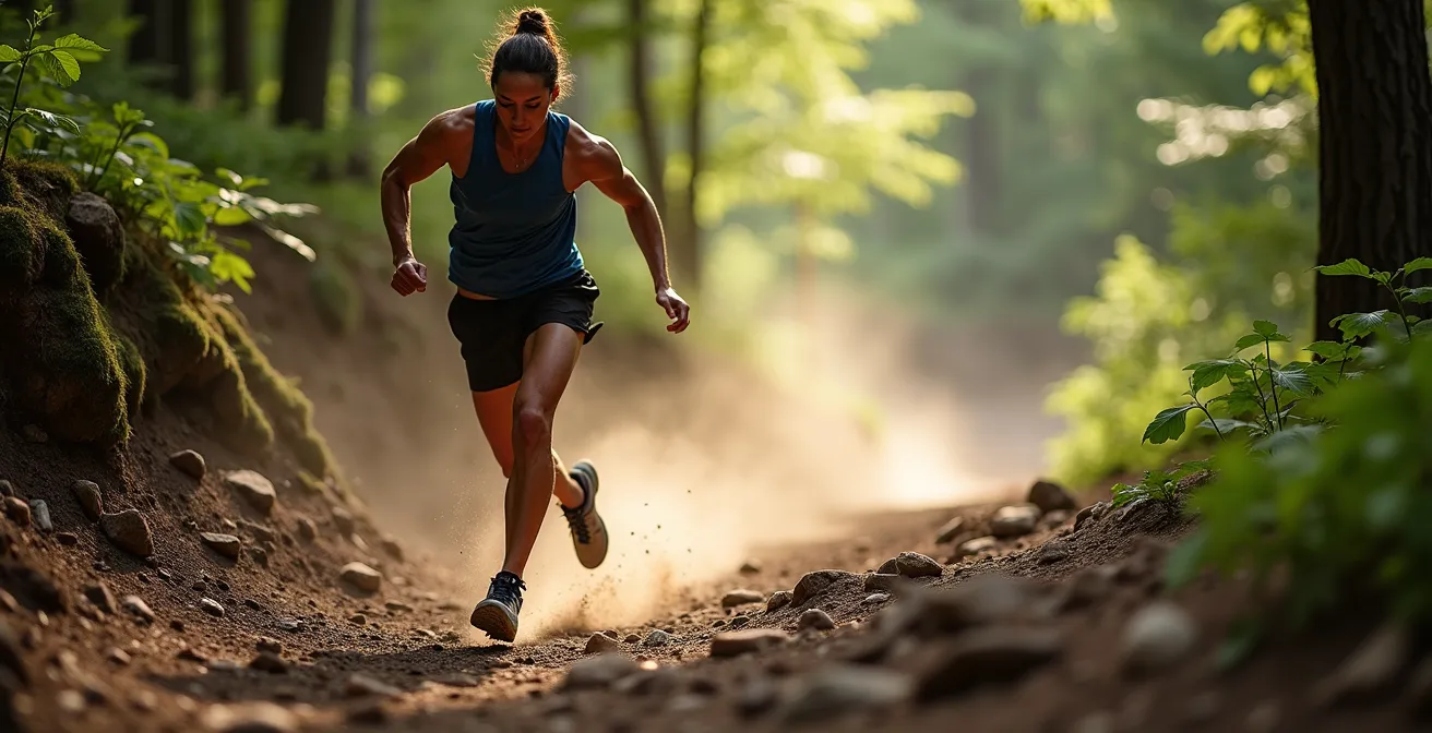 Trail runner navigating steep technical descent showing intense quad engagement and controlled braking technique