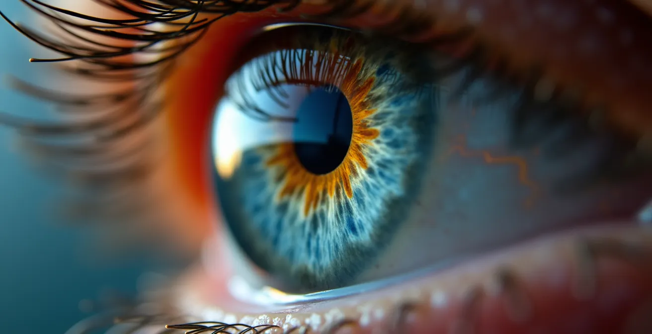 Macro detail of a dilated human eye, with reflections in the cornea suggesting the loss of peripheral environmental awareness under stress.