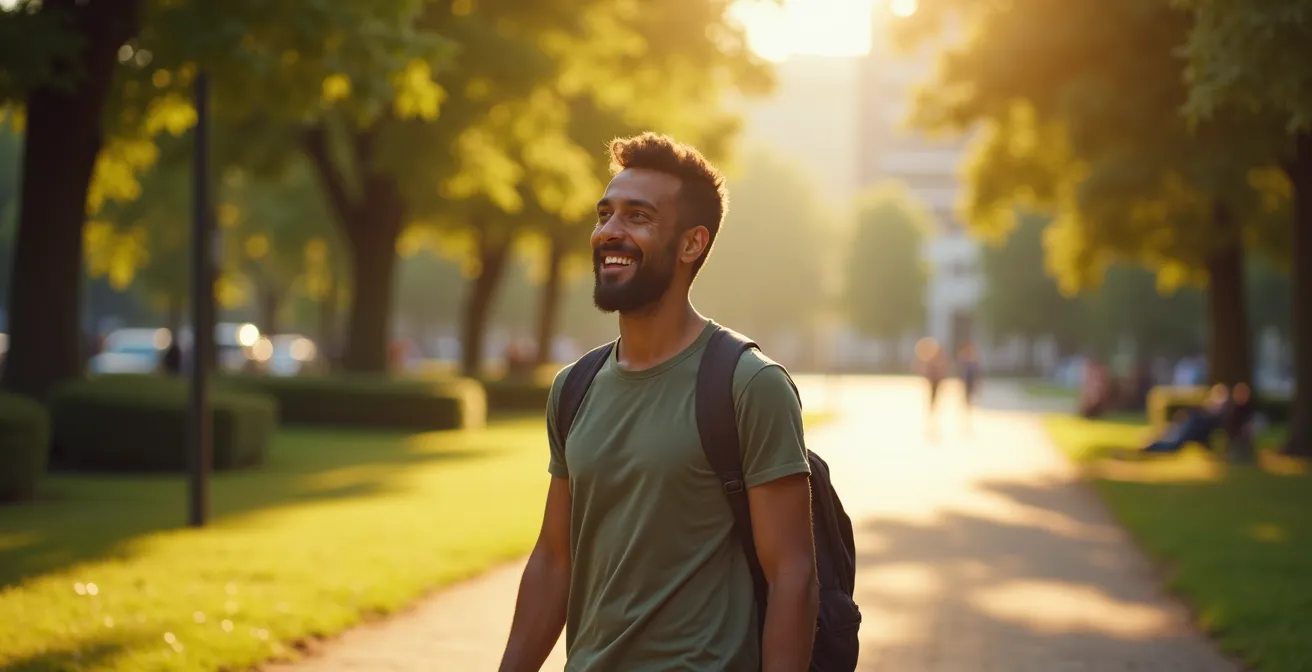 Person walking through an urban green space with a visible expression of calm and relaxation.