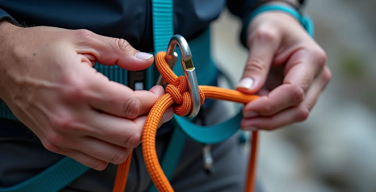 Macro detail of via ferrata lanyard properly attached to climbing harness belay loop