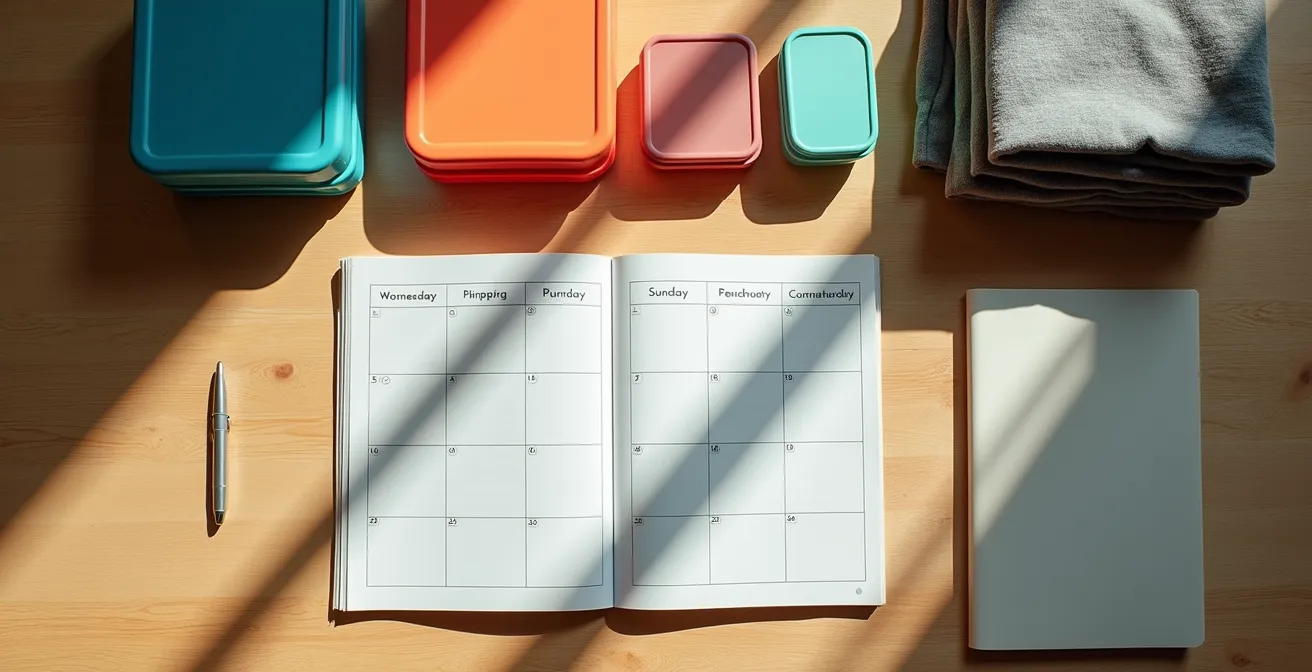 Overhead view of organized desk with calendar, meal containers, and workout schedule for week ahead