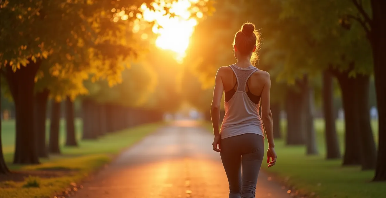 Person walking peacefully in nature during golden hour demonstrating low-intensity recovery exercise