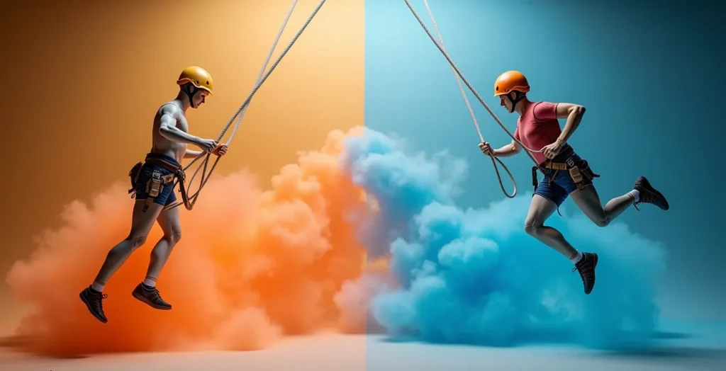 Split-screen comparison showing fall factor physics between rope climbing and via ferrata systems